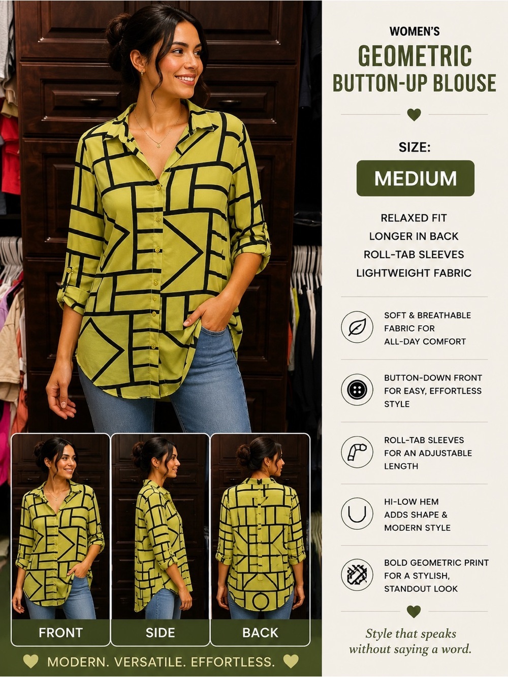 Geometric Button-Front Blouse in Yellow and Black MEDIUM
